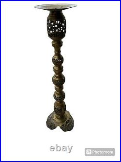 Vintage Large 35.5 tall Ornate Filagree Edwardian Brass Pillar Candle Holder