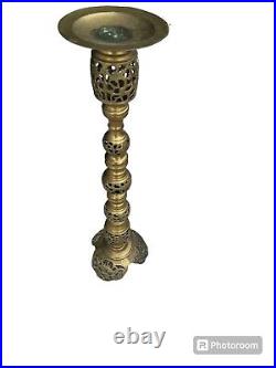 Vintage Large 35.5 tall Ornate Filagree Edwardian Brass Pillar Candle Holder