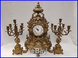 Vintage Large Brass Grand Clock And Candelabra Set