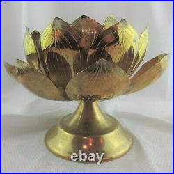 Vintage Large Mid-Century Etched Brass Lotus Flower Candle Holder on Pedestal