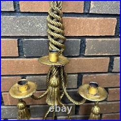 Vintage Large Rope & Tassel Brass Wall Candle Light Sconces Hollywood Regency