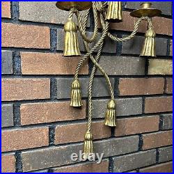 Vintage Large Rope & Tassel Brass Wall Candle Light Sconces Hollywood Regency