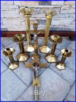 Vintage Lot 6 Brass Candlestick Candle Holder 2 Cross Crucifix Set Altar Church