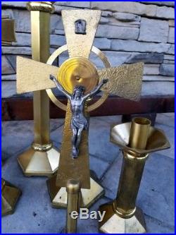 Vintage Lot 6 Brass Candlestick Candle Holder 2 Cross Crucifix Set Altar Church