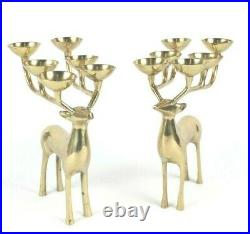 Vintage Lot Of 2 Solid Brass Deer 6 Votive Candle Candelabra Candle Holder 8'