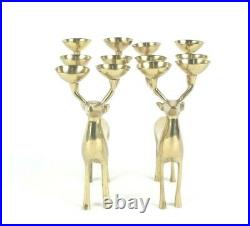 Vintage Lot Of 2 Solid Brass Deer 6 Votive Candle Candelabra Candle Holder 8'