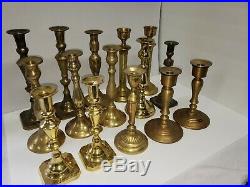 Vintage Lot of 15 Massive, Tall, Substantial Brass Candlesticks Weddings 19 Lbs