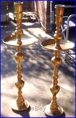 Vintage Matched Pair of Moroccan Islamic Engraved Brass Candle Stands 37.5 Tall