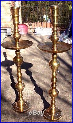 Vintage Matched Pair of Moroccan Islamic Engraved Brass Candle Stands 37.5 Tall