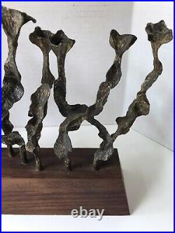 Vintage Menorah Hanukkah Modernist Brutalist Brass and Wood Base Candle Holder