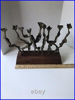 Vintage Menorah Hanukkah Modernist Brutalist Brass and Wood Base Candle Holder