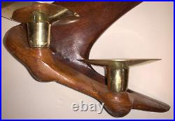 Vintage Mid Century Modern Wood and Brass Wall Mounted Candle Holder Sconces Pr