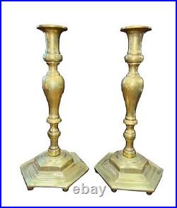 Vintage Mid Century Pair Of Solid Brass Candlestick Candle Holder Footed Heavy