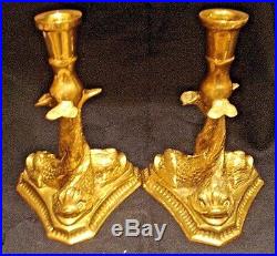 Vintage Mottahedeh Pair of Solid Brass Fish Candlestick Holders