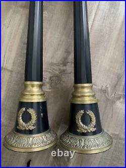 Vintage Neoclassical Romanesque Brass Black Heavy Tall Candleholders