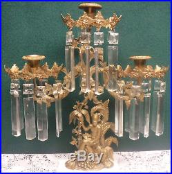 Vintage Oriental Asian Brass Candelabra Marble Base Chunky Square Prisms