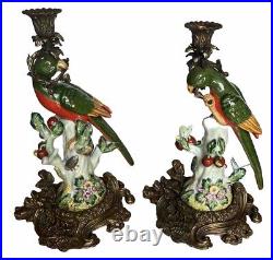 Vintage Ormolu Brass & Porcelain Parrot Candlesticks Hollywood Regency Boho