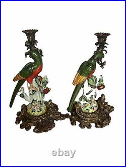 Vintage Ormolu Brass & Porcelain Parrot Candlesticks Hollywood Regency Boho