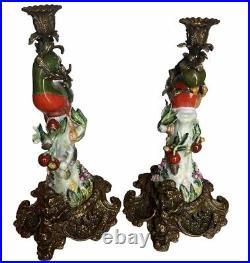 Vintage Ormolu Brass & Porcelain Parrot Candlesticks Hollywood Regency Boho