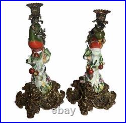 Vintage Ormolu Brass & Porcelain Parrot Candlesticks Hollywood Regency Boho