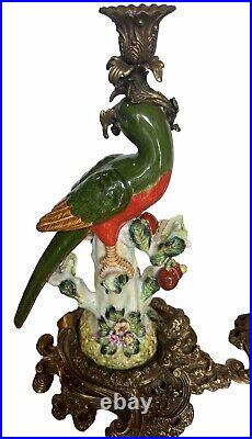 Vintage Ormolu Brass & Porcelain Parrot Candlesticks Hollywood Regency Boho