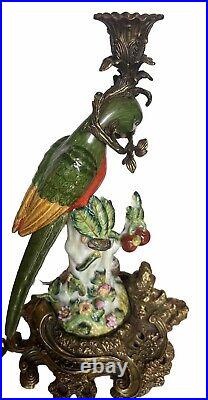 Vintage Ormolu Brass & Porcelain Parrot Candlesticks Hollywood Regency Boho