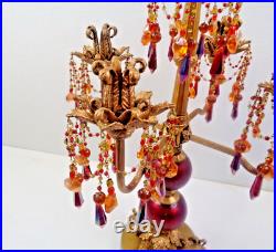 Vintage Ornate Brass (4) Candle Candelabra withOrange & Red Prisms