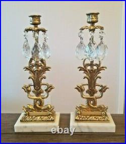Vintage Ornate Girandole Brass Crystal Marble Candelabra Candle Holder Set of 2
