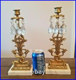 Vintage Ornate Girandole Brass Crystal Marble Candelabra Candle Holder Set of 2