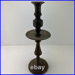 Vintage Ornate Hand Etched Heavy Brass Oversize Candle Stick Holder/ drip Catch