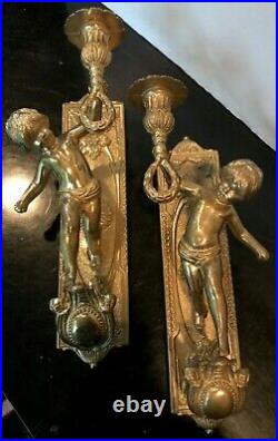 Vintage Pair 12 Wall Mount Solid Brass Cherub Candle Holder Wall Sconces ITALY