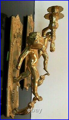 Vintage Pair 12 Wall Mount Solid Brass Cherub Candle Holder Wall Sconces ITALY