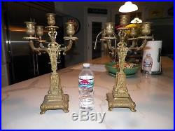 Vintage Pair (2) Ornate Brass Candelabras With Cherub 16 Tall 5 Candle Holder