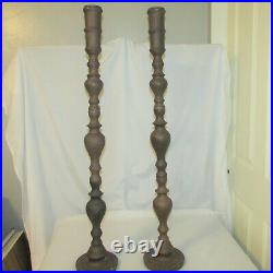 Vintage Pair 39 Tall Etched Brass Floor Temple Prayer Candlestick Candle Holder