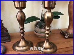 Vintage Pair Antique Brass Candle Holders Table Sconces, Glass Hurricanes 20.5