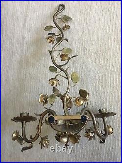 Vintage Pair Beautiful Brass Candelabra Wall Sconces 3 Candle Floral Vine ITALY