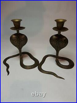 Vintage Pair Black Red Enamel Brass King Cobra Snake Candlesticks Candle Holders