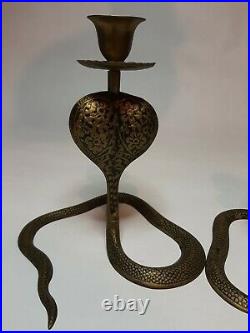Vintage Pair Black Red Enamel Brass King Cobra Snake Candlesticks Candle Holders