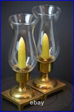Vintage Pair Brass Candle Stick Holder Lamps Hurricane Glass