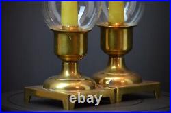 Vintage Pair Brass Candle Stick Holder Lamps Hurricane Glass