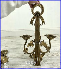 Vintage Pair Brass Candle Wall Sconces Poppies & Sash /b