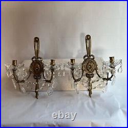 Vintage Pair Brass Crystal Candle Holder Wall Sconces Exquisite High End Estate