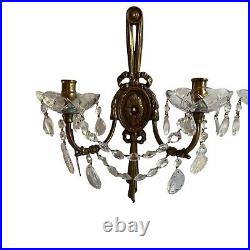 Vintage Pair Brass Crystal Candle Holder Wall Sconces Exquisite High End Estate