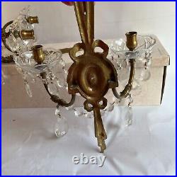 Vintage Pair Brass Crystal Candle Holder Wall Sconces Exquisite High End Estate