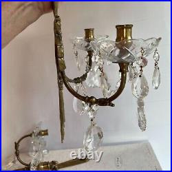 Vintage Pair Brass Crystal Candle Holder Wall Sconces Exquisite High End Estate