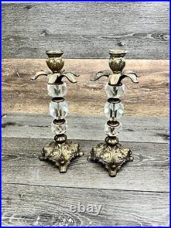 Vintage Pair Brass Crystal Candle Holders Hollywood Regency Gold Gilt 11.25 H