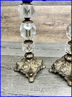 Vintage Pair Brass Crystal Candle Holders Hollywood Regency Gold Gilt 11.25 H