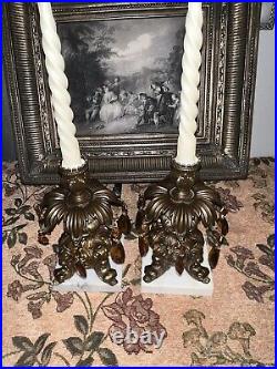 Vintage Pair Brass Filigree Crystal Prisms Candle Holders Italian Marble Bases