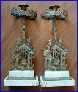 Vintage Pair Brass Gothic Revival Bear Beehive Candle Holders Girandole Sticks