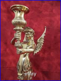 Vintage Pair Brass Mythological Winged Mermaid Candle Holders Candlesticks 14.5